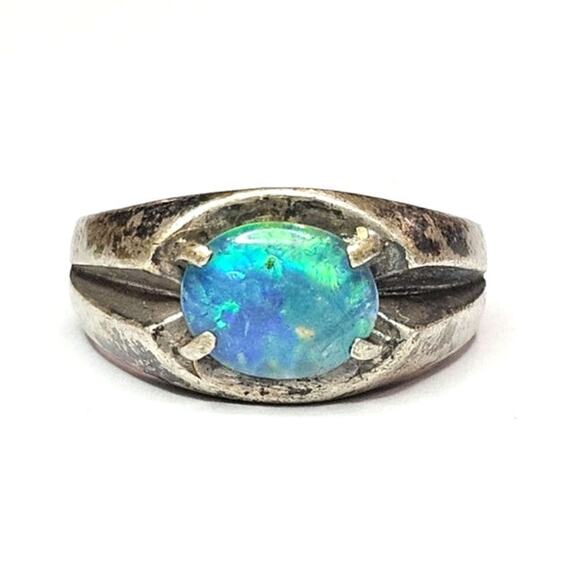 Vintage Fiery Opal Triplet Sterling Silver Unisex Ring Size 9.25 - Picture 4 of 8